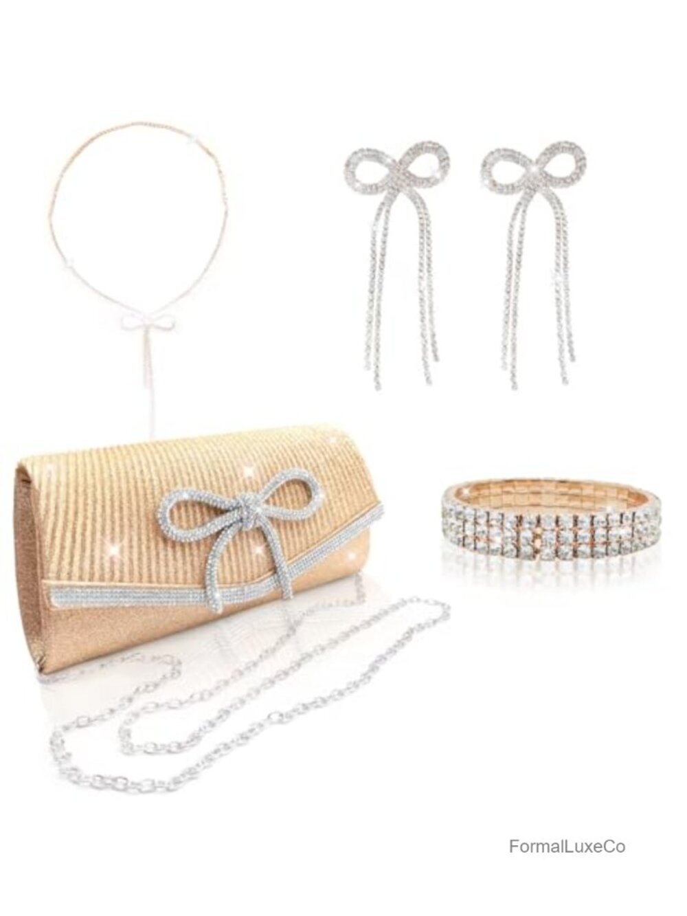 Sparkly Bow Evening Bag 4-Piece Rhinestone Clutch Purse Set Wedding Prom